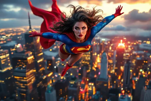 Prompt: (A gorgeous heroic 25-year-old British drag queen bodybuilder in a superman costume aith 8 inch stiletto high heel boots), soaring gracefully above a bustling cityscape, skyline shimmering under the setting sun, (dynamic pose), nerves of steel, vigilant gaze scanning for danger below, vibrant colors, with a backdrop of towering skyscrapers and a colorful sunset, (ultra-detailed), evoking a sense of adventure and superheroic bravery.