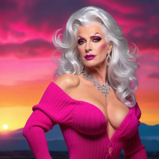 Prompt: Stunning, flamboyant, very muscular, 45-year-old silver-haired caucasian drag queen with large busom dressed in a magenta oversized sweater dress, thigh-high nylon stockings, and stilettos. Hyper-realistic quality. Sunset background. 