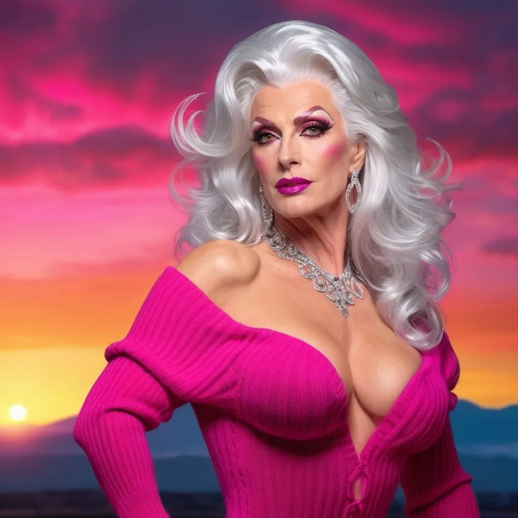 Prompt: Stunning, flamboyant, very muscular, 45-year-old silver-haired caucasian drag queen with large busom dressed in a magenta oversized sweater dress, thigh-high nylon stockings, and stilettos. Hyper-realistic quality. Sunset background. 