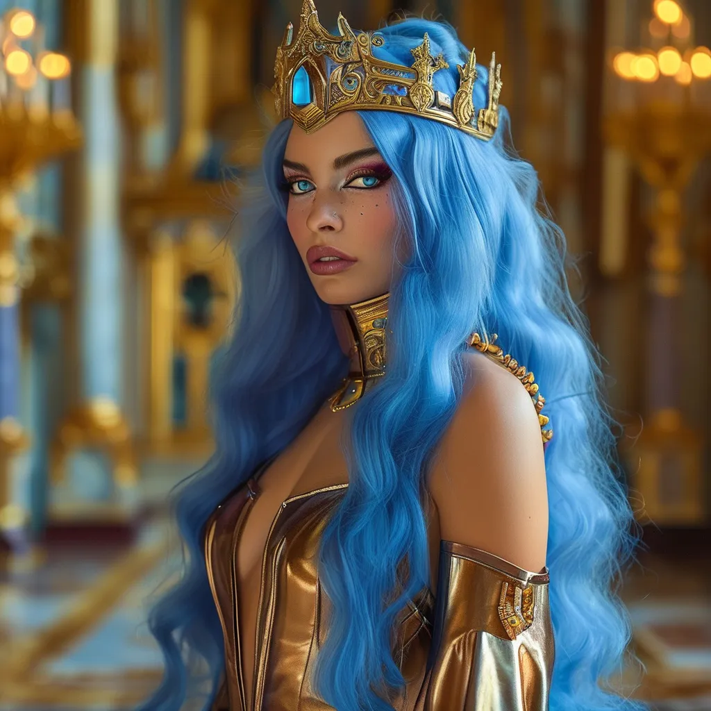 Prompt: A 25-year-old drag queen, beautiful, noble, and haughty. She comes from a family that rules over an intergalactic empire. She has long wavy blue hair and very light steel blue eyes. She is wearing a futuristic yet elegant bronze dress. She is standing in the gallery of a futuristic castle, luxurious and richly decorated.