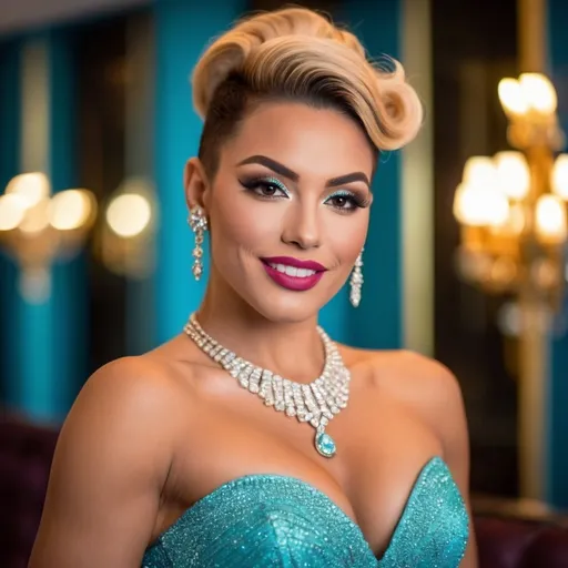 Prompt: Front view, half-body shot, portraiture of a beautiful stylish 25-year-old French drag queen bodybuilder (((with very strong masculine jawline and brow))), with big busom and long dark blonde updo hair style smiling sweetly, bright hazel colored eyes, professional dark eye make up and lipstick, dressed in laced Aqua satin evening dress, perfect muscular body, relax pose, jovial mode, luxurious gold accessories, warm romantic ambience, glittering romantic pendant chandeliers, bokeh effects, lens flare, intricate details, HDR, beautifully shot, hyperrealistic, sharp focus, 64 megapixels, perfect composition, high contrast, cinematic, atmospheric, moody, ISO400, shots made by professional Hassleblad professional lens, no errors at all