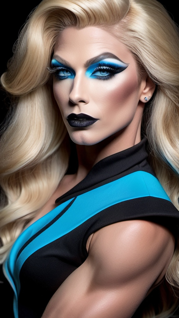 Prompt: (Ultra-detailed) gorgeous masculine drag queen bodybuilder in an absolute black dress, (long, flowing blonde hair) cascades elegantly, (bright blue eyes) stand out in contrast, (absolute black hat), dark eyeshadow and dark lipstick completes her look, surrounded by an (absolute black background) creating an intense, captivating atmosphere. Black clothing and background are indistinguishable from each other. Full body, exciting pose. Lighting highlights her facial features, enhancing the contrast between the black of the background and the vivid blue of her eyes, evoking a sense of elegance and intrigue in this (high quality image).