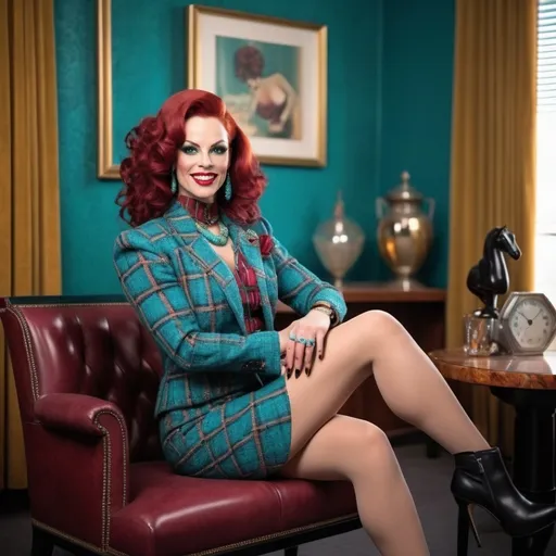 Prompt: Sophisticated art deco lounge, elegant gorgeous muscular 25-year-old British drag queen bodybuilder with large busom, curly dark red hair,  teal plaid tweed jacket, teal blouse, teal pencil skirt, black 6 inch stiletto high heel boots, crowded scene, subtle smile, high-res photo, art deco, elegant, detailed facial features, realistic, sophisticated, busy setting, vibrant colors, professional photography