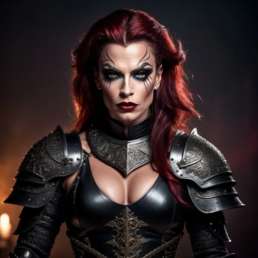 Prompt: A gorgeous muscular 35-year-old British drag queen (medieval knight), (black armor), gripping sword in hand, fierce expression (strong masculine jawline and brow features), dramatic pose, intricate armor details, dark and moody color palette, dark eyeshadow and dark red lipstick, cinematic lighting, highly detailed, stormy background, strong and powerful presence, evokes a sense of bravery and strength, captivating and intense atmosphere, ultra-detailed, 4K resolution, ready for battle. Full body view