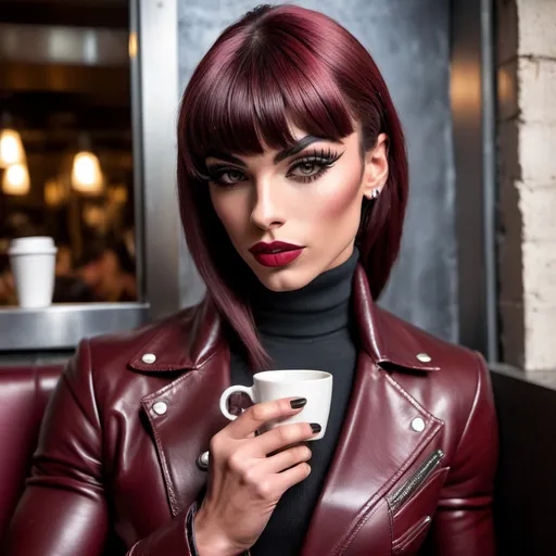 Prompt: Gorgeous muscular 20-year-old French drag queen (strong masculine jawline and brow facial features) bodybuilder, narrow face (burgundy matte lipstick), dark hair bangs combed to one side, boyish body, shiny crinkled wrinkly creased red leather sport coat , tight black leather gloves, in a turtleneck, jeans, in a cafe having tea in London 
