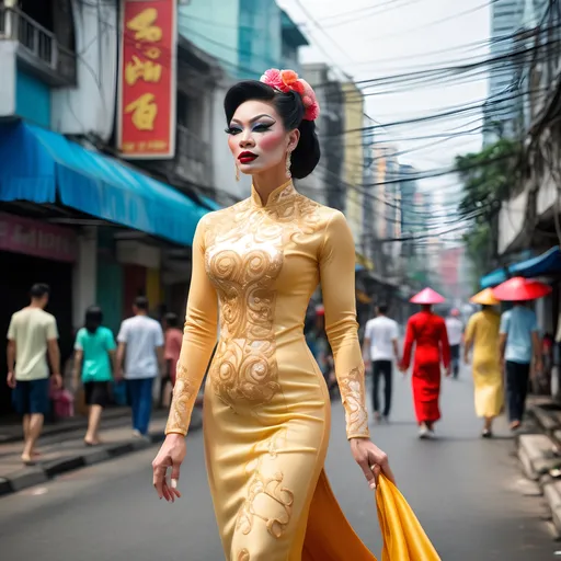 Prompt: Tall gorgeous muscular 25-year-old Vietnamese drag queen walking down along Dong Khoi Street of Saigon, wearing the traditional ao dai, realistic image and  natural lighting