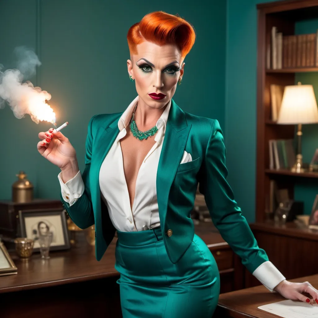 Prompt: Beautiful muscular 35-year-old European drag queen with short silky dark orange hair, piercing green eyes, strong masculine jawline and brow features, upturned brows, white silk blouse, teal pin-striped blazer & matching pencil skirt, teal pumps, standing in a shabby 1930s office, holding a lit cigarette, wisps of smoke, film noire ambiance, high detail & quality, incandescent light, 8k, cinematic photo.