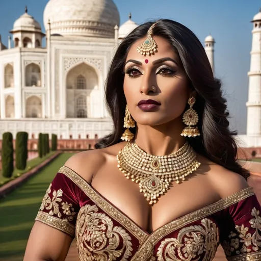 Prompt: In 1670's a gorgeous, very muscular 35-year-old Indian drag queen bodybuilder (with strong masculine facial features, dark lipstick, large busom) standing majestically in front of the Taj Mahal, wearing an opulent and elaborate traditional Indian royal dress adorned with intricate gold embroidery and sparkling jewels. She exudes grace and power, with a serene yet commanding expression that captures the admiration of the gathered crowd. The scene is composed with expert artistry, featuring dramatic lighting that highlights the rich textures of her attire and the architectural beauty of the Taj Mahal. The composition should feel like a professional artistic photograph, with meticulous attention to details in posture, facial expression, and the interplay of light and shadow, creating an atmosphere of regal elegance and reverence.