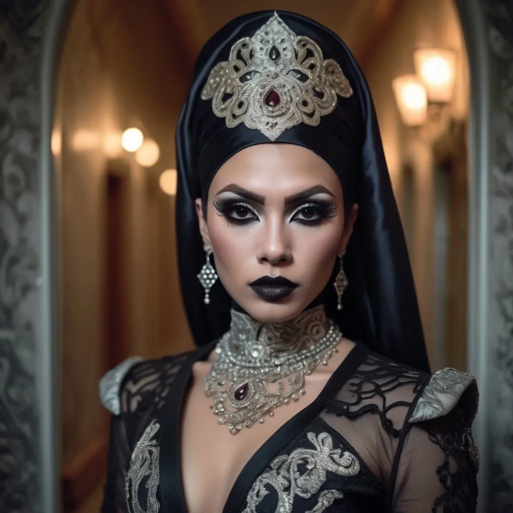 Prompt: hyper-detailed dull photo of a gorgeous muscular masculine 25-year-old Betawi drag queen, with dark eye makeup, dark lipstick, venetian lace jilbab, cropped jacket, foggy old hallway, art pose, medium format, epic character composition, sharp focus, intricate filigree details, cinematic lighting, volumetric fog, award-winning, masterpiece, 64K, professionally color graded