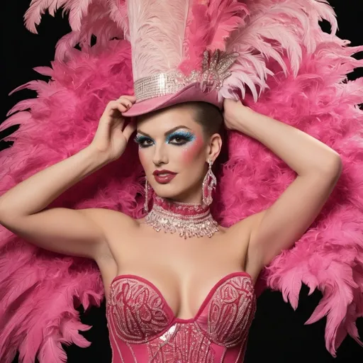 Prompt: Extremely effeminate man dressed as a gorgeous showgirl.