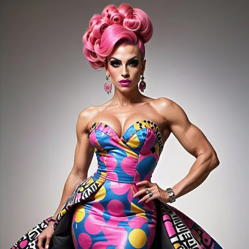 Prompt: Gorgeous ultra-muscular 25-year-old Spanish drag queen bodybuilder with long pink stylish updo wearing a (Moschino dress), high fashion design, colorful patterns, playful and vibrant, couture elegance, luxurious texture, striking silhouette, artistic flair, runway-inspired style, intricate details, eye-catching embellishments, bold color palette, fashionable ambiance, (ultra-detailed), high-quality craftsmanship, fashion illustration vibes, stylish ensemble, (vivid colors), aesthetically stunning.