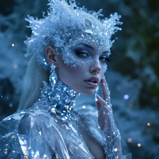 Prompt: Gorgeous muscular  35-year-old  Icelandic drag queen, Glass face and dress, ethereal and translucent textures, shimmering reflections, mystical aura, cool tones with a hint of silver, soft lighting creating a dreamy atmosphere, intricate details on the dress, surrounded by a misty background, while the glass surface captures and refracts light, ultra-detailed, high-definition masterpiece.