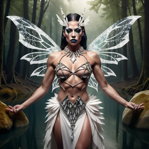 Prompt: Abstract image of a beautiful muscular 35-year-old faerie drag queen with marble skin cracking and breaking away holding an elegant gem-studded sword horizontally in one hand as she stand submerged in a forest mountain lake. Large symmetrical moth wings folded around herself.  Arms crossed in front of a gown of quartz crystals. In an armory.