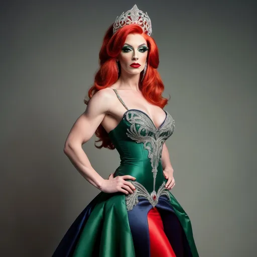 Prompt: A portrayal of a regal looking British drag queen bodybuildet in her early twenties, with bright red hair, a silver circlet on top of her head, mesmerising green eyes, high cheekbones, fair skin, narrow waist, slim complexion, wearing an elegant dark navy ball gown with intricate embroidered details and 8 onch stiletto high heel shoes, standing on a majestic staircase.