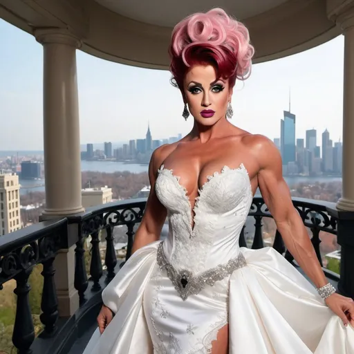 Prompt: Imagine Sylvester Stallone dressed as a Gorgeous ultra-muscular 25-year-old Finnish drag queen bodybuilder with ridiculously long wavy pink updo hairstyle wearing an elegant white wedding dress, standing on the balcony of her luxurious mansion overlooking the city skyline. Dark smoky eyeshadow,  heavy eyeliner & mascara, and dark red lipstick. The gown features delicate lace detailing along its bodice and halter neckline, complemented by sheer sleeves that accentuate her figure's curves. Her pose is confident yet graceful as she gazes out at the horizon, embodying grace and elegance in timeless beauty in the style of a classic painting