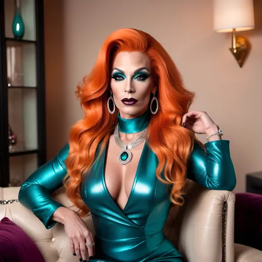 Prompt: Gorgeous muscular 35-year-old Dutch drag queen model, with very long wavy bright orange hair, dark eyeshadow,  dark lipstick, wearing a ((snug teal shimmering cocktail dress, bolero jacket, black stiletto mules)), ((diamond choker with ruby pendant)), curvy physique, sitting on beige leather sofa, cozy living room with white rug, high-res, photo, professional, detailed eyes, stylish, elegant, cozy setting, natural lighting, comely expression, perfect hands, high fashion, white & black room design, art deco style