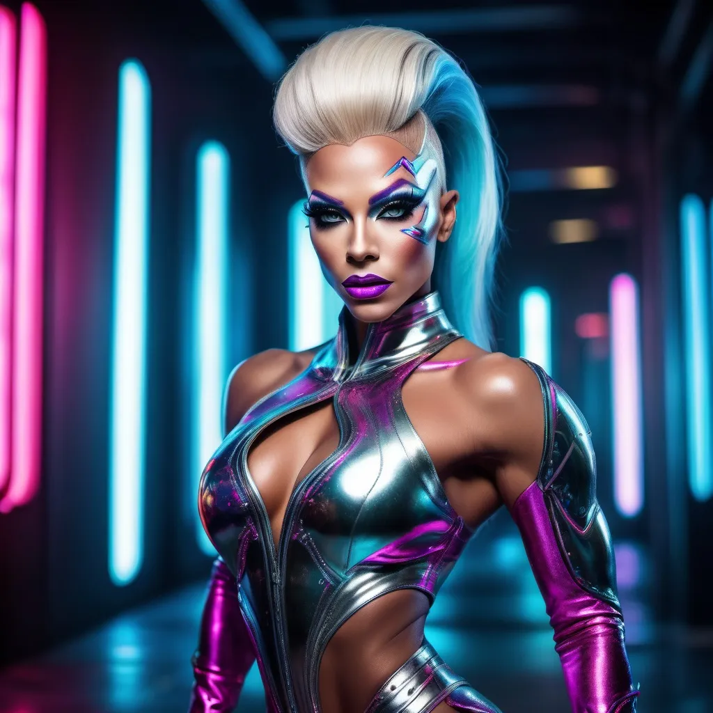 Prompt: If the Terminator was a gorgeous muscular drag queen.