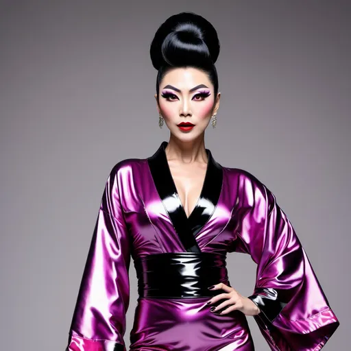 Prompt: The most beautiful muscular 35-year-old Japanese drag queen (with very strong masculine jawline and facial features) with stylish black shiny updo hair and large busom.  Wearing a sassy, cute, stylish, colorful kimono style dress and 8 inch platform stiletto high heel knee-high boots.  Dark eyeshadow,  dark lipstick,  heavy mascara. 