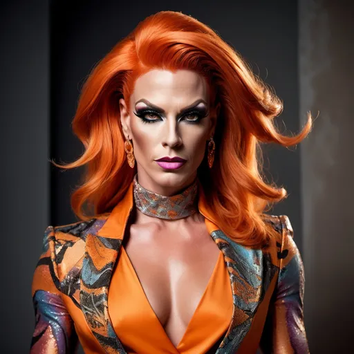 Prompt: Gorgeous muscular 35-year-old British drag queen (masculine jawline and brow features) with shoulder length stylish orange hair (Cavalli outfit), high fashion, (luxurious fabric), intricate detailing, dramatic silhouette, bold patterns, pastel colors, modern and stylish, runway-ready, beautifully styled, expressive poses, atmospheric lighting, artistic composition, edgy accessories, urban chic background, (trendy environment), cinematic aesthetic, ultra-detailed, high quality, shoulder length Brunette hair.