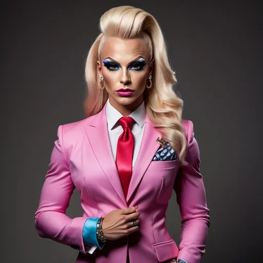 Prompt: Gorgeous ultra-muscular 25-year-old Swedish drag queen bodybuilder dressed as a professional politician