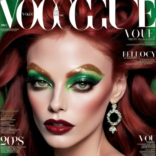 Prompt: (90s Vogue Magazine Cover), ethereal and whimsical, (vibrant color scheme), high-fashion editorial style, gorgeous muscular 35-year-old French drag queen model (masculine facial features) with sassy dark red hair, striking green eyes, dark smoky eyeshadow, enchanting expression, pretty lips, dark lipstick, luxurious glittery details, magical aesthetic, ultra-detailed, sparkly, glossy finish, captivating photography with dramatic lighting, alluring atmosphere, cosmopolitan elegance, celebrity fashion icon, stylish and trendy presentation.