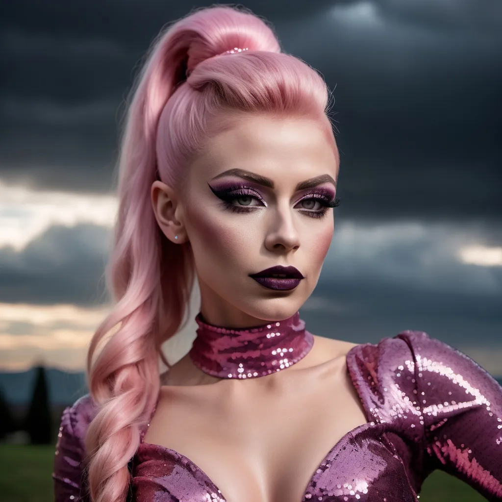 Prompt: Gorgeous muscular 25-year-old Czechian drag queen with pink high tight ponytail, dark eyeshadow and dark lipstick, flowing sequined party dress, romantic outdoor setting, dramatic sky, An ultra-realistic photograph captured with a Sony α7 III camera, equipped with an 85mm lens at F 1.2 aperture setting,  The image, shot in high resolution and a 16:9 aspect ratio, captures the subject’s natural beauty and personality with stunning realism –ar 16:9 –v 5.2 –style raw