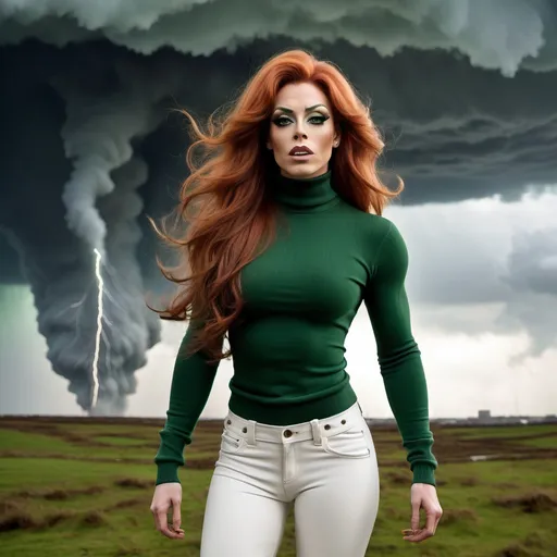 Prompt: Gorgeous ultra-muscular 25-year-old British drag queen bodybuilder with very long wavy auburn hair (((blowing in the wind))) wearing green turtleneck sweater and white leather pants, is standing on the edge of oblivion, a mushroom cloud in the distance. A stormy sky and lightning is overhead.