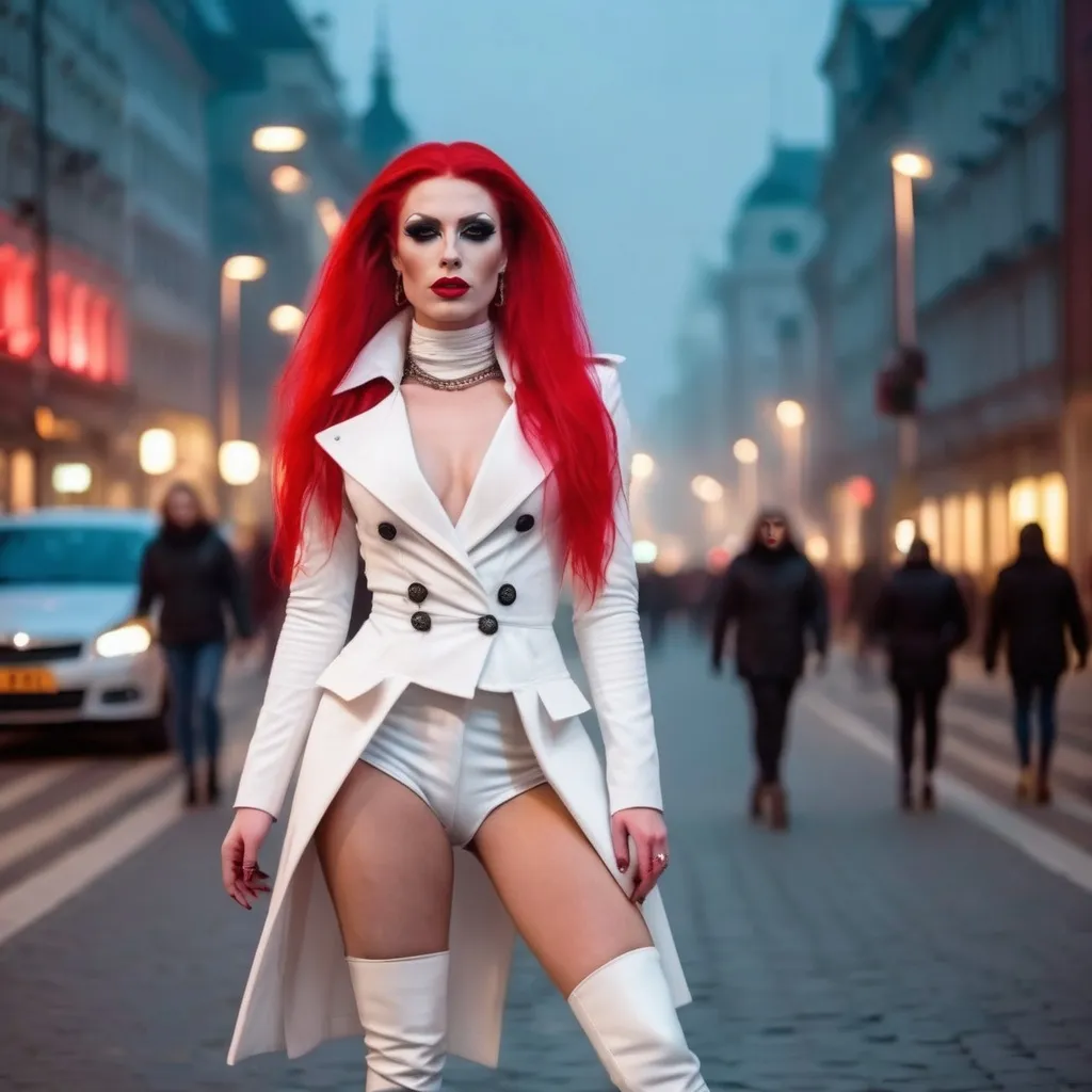 Prompt: Mysterious, Tall, gorgeous, muscular, 25-year-old Polish drag queen (masculine jawline and brow facial features) with long bright red stylish hair, dark eyeshadow,  and dark red lipstick, wearing a beautiful white outfit and 8 inch stiletto red thigh-high stiletto high heel boots, walking the streets of Warsaw on a foggy evening.