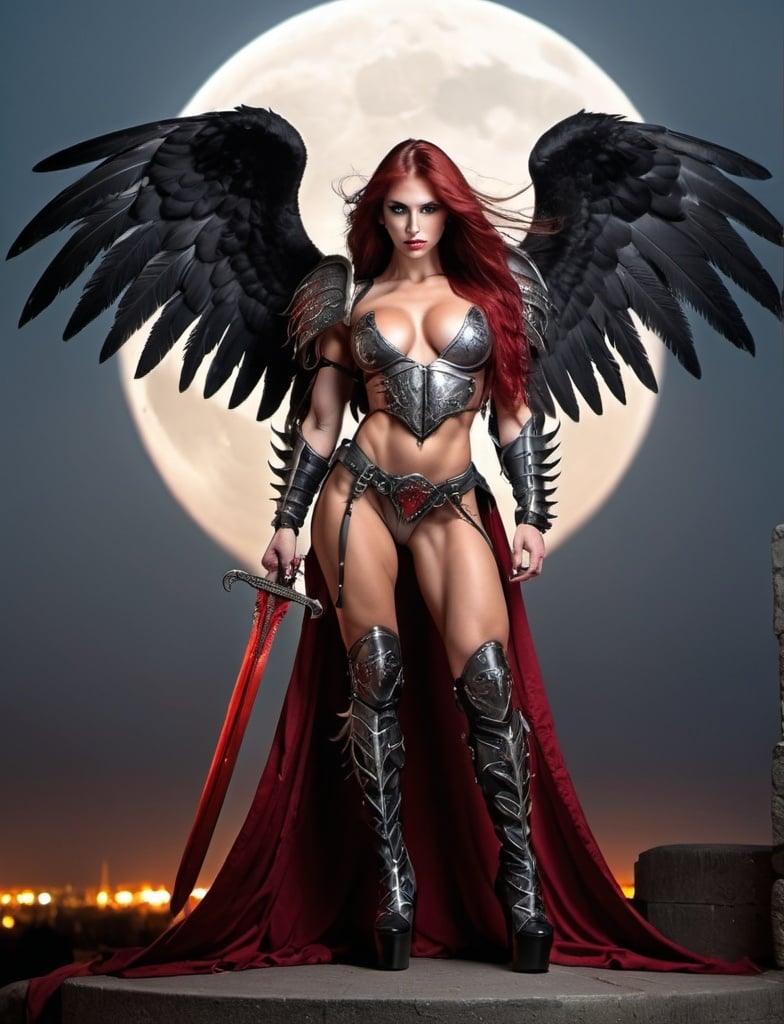 Prompt: Demonic Angel, gorgeous ultra-muscular 25-year-old Czechian bodybuiler with huge busom and ridiculously Long dark red Hair, long muscular legs, Demonic Eyes, Angel WIngs, Full Body, Armor, 8 inch stiletto high heel armour boots, Legendary Sword, Holy, Blood, Raven and Moon in Background