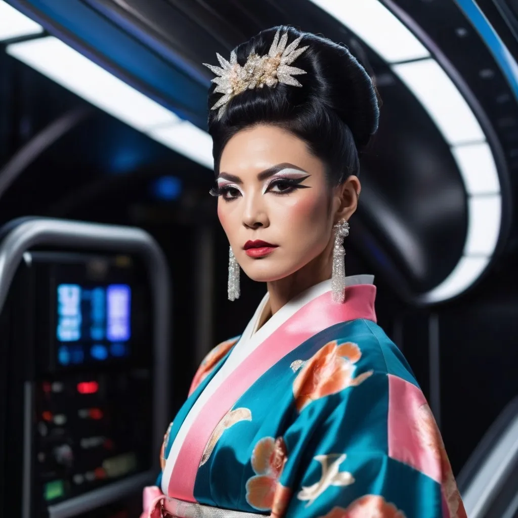 Prompt: A gorgeous muscular Japanese drag queen (very strong masculine jawline and brow features) wears a kimono while standing in a space ship, background is shows the vastness of space.