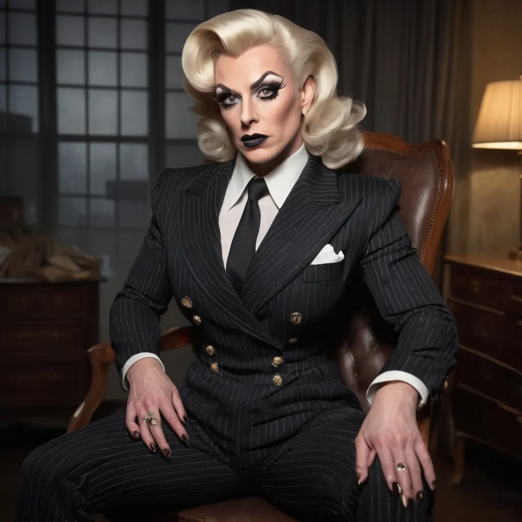 Prompt: (photorealistic) gorgeous muscular 35-year-old caucasian British drag queen bodybuilder (with large busom, dark eyeshadow, and dark lipstick) as a private eye in 1945, (intense expression), wearing a black double-breasted pinstripe trouser suit, tied to a chair with white ropes, (dimly lit) storeroom filled with wooden crates, shadows creating an atmosphere of suspense, intricate details, high contrast, (4K clarity), dramatic and cinematic ambiance.