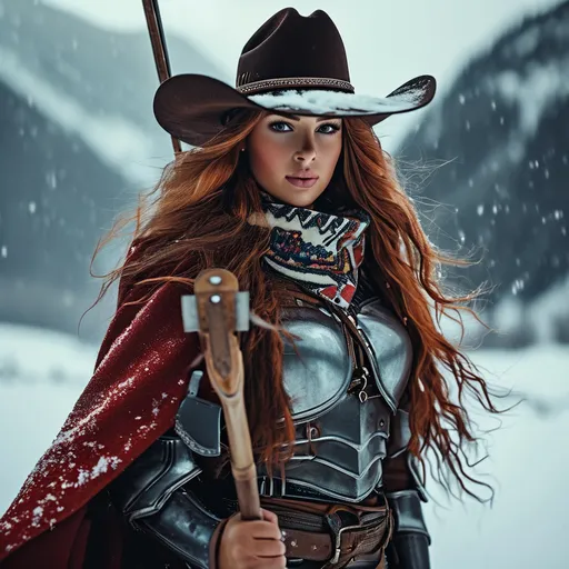 Prompt: A hi-res 8k hd digital photograph of a proud gorgeous rugged cowgirl with huge busom in winter snowy mountains. She is wearing a dark red cloak lined with fur and a scarf over metal armor. She has ridiculously long wavy dark red hair and a brown cowboy hat. She is holding a halberd. It is snowing and windy. She is smiling. Cowboy hat.