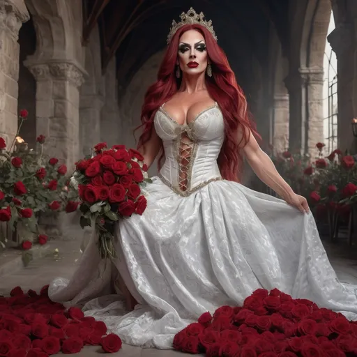 Prompt: A HD 4k 3D 8k professional full-body modeling photo of a gorgeous muscular 35-year-old Hungarian drag queen bodybuilder (long dark red hair, dark lipstick, dark eye makeup,  and big busom) dressed in a medieval wedding dress and a long bouquet of roses in hands falling down to her feet, magical realism, very very beautiful, very detailed oil painting


