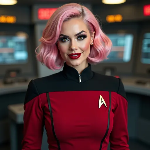 Prompt: Gorgeous ultra-muscular 25-year-old Czechian drag queen, Chanel Santini, Star Trek Uniform, harness:1.4, full lips, short swept over pink hair, heavy mascara, dark eyeshadow, dark red lipstick, Bridge Command Center Background, instagram pose, smiling, raw photo, sharp focus on eyes, film grain, magazine cover, high quality, clothing details, fine fabric, full body, art student, (official art, extremely detailed CG unity 8k wallpaper), beautifully detailed eyes, detailed fine nose, detailed fingers, (8k), (best quality), ( masterpiece:1.2), (realistic), ( photorealistic:1.57), extremely detailed handsome gentlebeing, couture, magazine cover, textless, high quality, clothing details, fine fabric, full body, 8k, cinematic lighting (high detailed skin:1.1) ,Enhance,Golden Inspiration