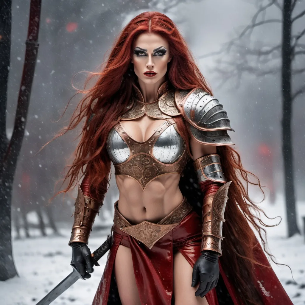 Prompt: Gorgeous muscular 25-year-old Slavic drag queen bodybuilder with ridiculously long wavy dark red hair, dressed as a warrior princess in complete bronze steel armor and a gleeming silver longsword in the midst of a bloody and fiery battle during the height of a winter storm.