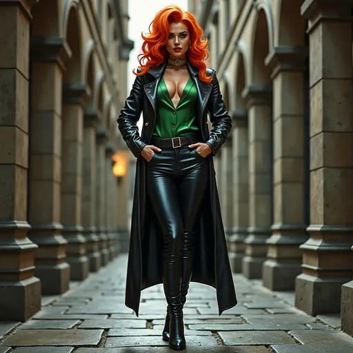 Prompt: Full-length realistic illustration of a confident, gorgeous, muscular 35-year-old French drag queen with stylish orange hair, wearing tight black leather leggings without pockets  Victorian-style green silk blouse, stiletto boots, leather gloves, leather jacket, detailed fabric texture, strong stance, dark eyeshadow,  dark lipstick, realistic, detailed, full body, confident expression, urban fashion, high quality, detailed, realistic, contemporary art, professional, atmospheric lighting, old dark castle.