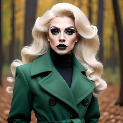 Prompt: Beautiful drag queen, blonde, in autumn forest in green long fashion coat, dark eyeshadow and dark lipstick,  very strong masculine jawline and brow,.