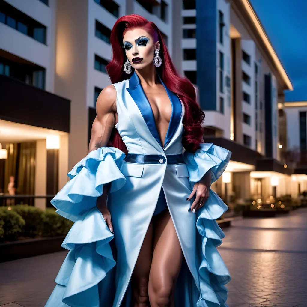 Prompt: A gorgeous muscular 25-year-old Czechian drag queen bodybuilder with very long high tigh dark red ponytail, dark eyeshadow,  and dark lipstick, wearing a powder blue and white tuxedo with ruffles and eight inch power blue platform high heel shoes. Posing in front of a fancy hotel at night.