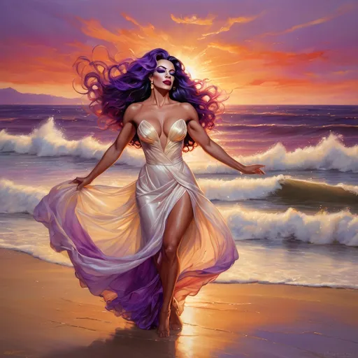 Prompt: (Gorgeous muscular 25-year-old French drag queen dancing), beach at sunset, (dramatic scene), warm golden hues reflecting on the water, soft waves gently lapping at the shore, flowing white dress, black hair blowing in the wind, vibrant sky painted with shades of red and purple, ethereal atmosphere, (highly detailed), capturing the essence of freedom and joy, (4K resolution), serene and blissful ambiance.