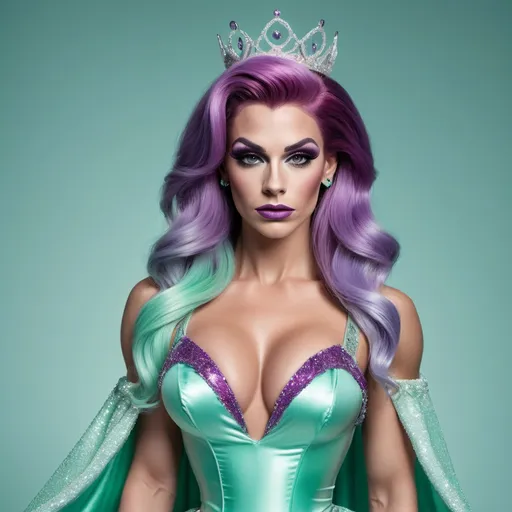 Prompt: Hyper realistic image of a Gorgeous muscular 25-year-old German drag queen (with strong masculine jawline and brow facial features) bodybuilder with huge busom, dressed up as Ariel, dressed as a queen wearing a floor-length ball gown in her iconic seafoam-green and ombre purple. The dress should be elegant and regal with detailing on the skirt.