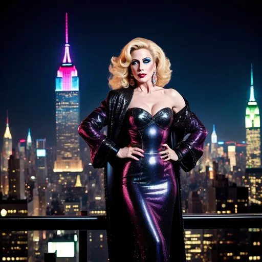 Prompt: John Travolta dressed as a 25-year-old gorgeous drag queen Madonna posing on the ledge of a building, high above NYC.