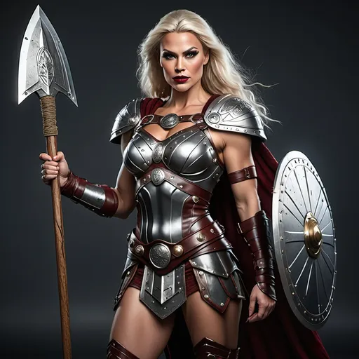 Prompt: Generate a highly photorealistic portrait full body shot of a gorgeous muscular 35-year-old Viking Valkyrie drag queen (strong masculine jawline and brow features) with large busom, holding a magical spear, silvery viking armor with runes, dark red lipstick, thick legs, over knee boots. She is looking down while standing. She is standing in an ancient Viking city.