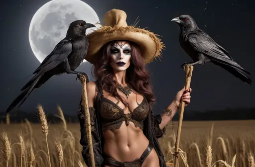 Prompt: (Gorgeous ultra-muscular 35-year-old Italian drag queen bodybuilder Scarecrow), enchanting Scarecrow, full body, dark eye makeup, dark lipstick, with a Crow companion by her side, holding an ornate scythe, surrounded by wheat field and assorted farm items, harmoniously in tune with nature, a luminous crescent moon hanging in the background, warm earthy tones, magical and serene ambiance, ultra-detailed, high quality, ethereal glow.