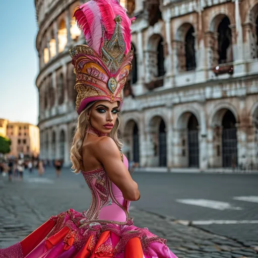 Prompt: Photo of a gorgeous ultra-muscular 25-year-old Czechian drag queen bodybuilder wearing a summer dress and 8 inch stiletto high heels, fierce expression, standing on an Italian street and the iconic Coliseum in the background provide a vibrant, cinematic backdrop.  High-resolution camera with Canon EOS R3 and RF 85mm f/1.2 lens captures