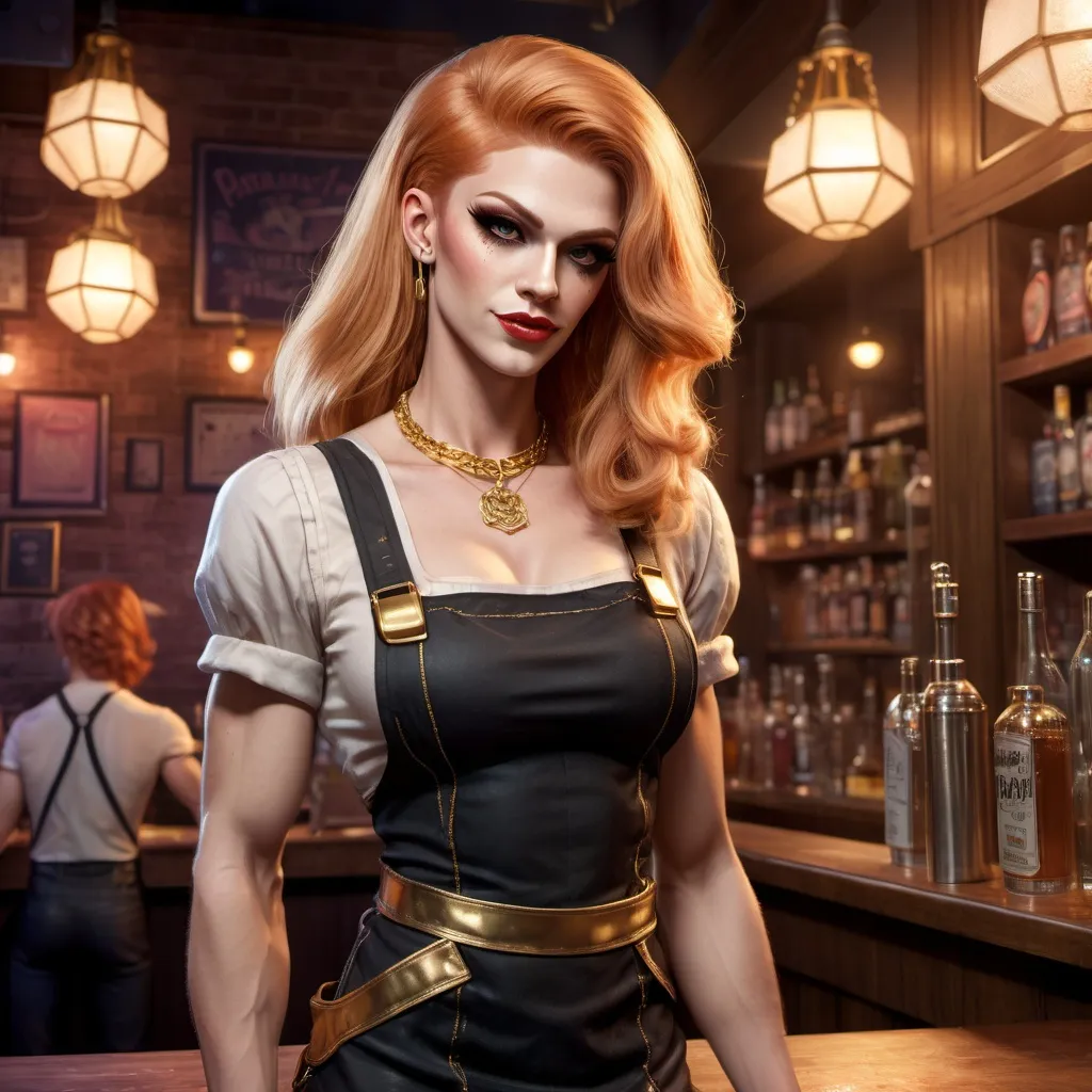 Prompt: A late night music venue. Muscular early 20s attractive strawberry-blonde bartender drag queen (with a strong masculine jawline) in a short dress,  pinafore square neckline, gold necklace, late night nightclub, game-rpg fantasy style, detailed character design, atmospheric lighting, urban fantasy, late-night setting, highres, detailed, fantasy, RPG, cluttered background, striking appearance, intense and dramatic lighting