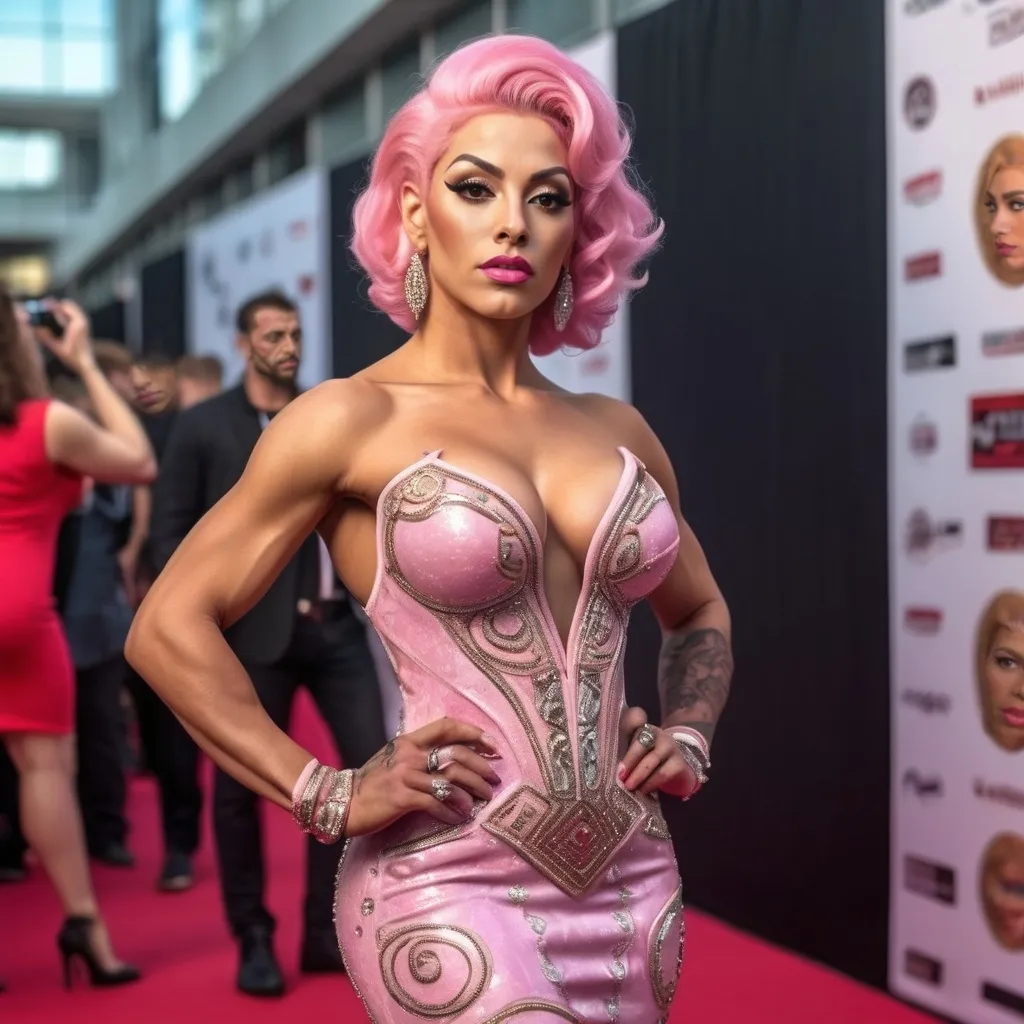 Prompt: Very detailed and hyper realistic full-length photo of 25-year-old gorgeous muscular Tunisian drag queen bodybuilder with 50s style pink hair wearing a hyper realistic and very detailed Paco Rabanne dress 64k, ultra hd, 3d quality  500mpx reflex red carpet awards