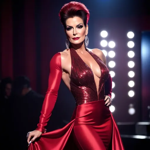 Prompt: If Charlie Sheen was a gorgeous muscular drag queen (full length photo) with long muscular legs and a very muscular physique. Performing in a beautiful gown. Dark eye shadow, heavy mascara, and dark red lip stick.