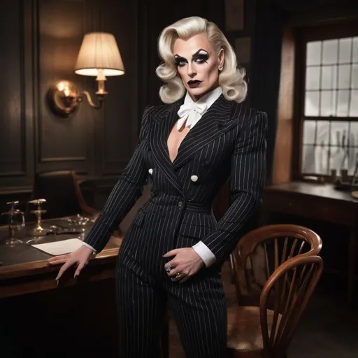 Prompt: (photorealistic) gorgeous muscular 35-year-old caucasian British drag queen bodybuilder (with large busom, dark eyeshadow, and dark lipstick) as a private eye in 1945, (intense expression), wearing a black double-breasted pinstripe trouser suit, tied to a chair with white ropes, (dimly lit) storeroom filled with wooden crates, shadows creating an atmosphere of suspense, intricate details, high contrast, (4K clarity), dramatic and cinematic ambiance.