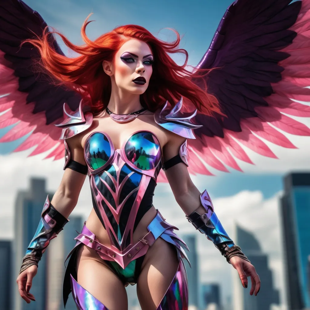 Prompt: A photorealistic image of a Gorgeous ultra-muscular 25-year-old drag queen Sky Elf fighter, a lithe and agile warrior with flowing bright red hair and iridescent pink wings, dark eye makeup and dark lipstick, in mid-battle amidst the floating islands of their sky city. The Sky Elf fighter, clad in sleek, shimmering armor that catches the light, wields dual blades with unmatched speed and precision. Their movements are a blur as they attack with the swiftness of the wind, the blades cutting through the air with ease. The scene captures the dynamic motion of combat, with the fighter executing a swift aerial maneuver, their wings catching a gust of wind that propels them forward. In the background, the floating city with its grand, airy architecture is partially shrouded in mist, giving a sense of otherworldly elevation. Art styles: photorealism, action, fantasy. Lighting: natural daylight, dynamic shadows. Camera: wide-angle action shot. Resolution: 8k, ultra-detailed.