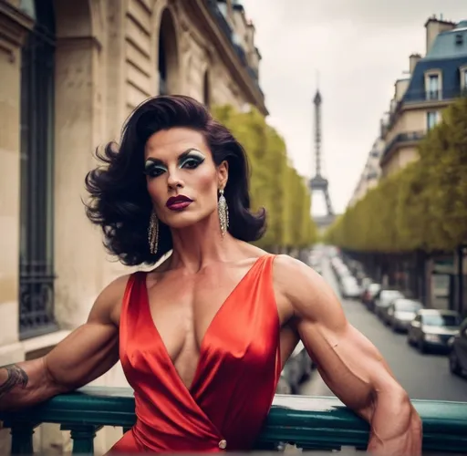 Prompt: Color Glamour photography of a Gorgeous muscular 35-year-old French drag queen bodybuilder in Paris, Guy Aroch style, high fashion model, elegant and sophisticated, vintage chic, moody lighting, cinematic atmosphere, luxurious Parisian setting, detailed facial features, stylish outfit, professional photography, high resolution, misc-gothic, cinematic, sophisticated, vintage, glamorous, detailed face, Parisian setting, high fashion, moody lighting